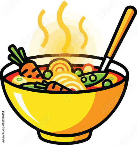 Steaming Yellow Bowl Of Healthy Vegetable Soup With Noodles And Carrots And Peas In Warm Lighting