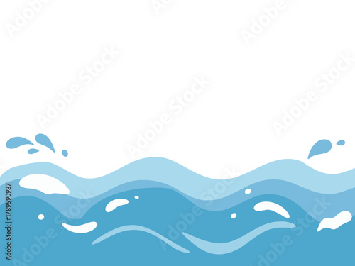 Blue water waves with splashes on a white background. Abstract ocean or sea for summer design and aqua concept.