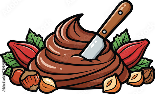 Rich Chocolate Hazelnut Spread Swirl with Knife and Cacao Pods Surrounded by Hazelnuts and Mint Leaves