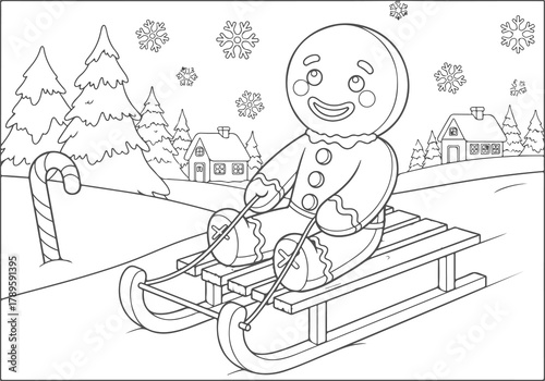 Cute gingerbread man on a sled in a snowy Christmas landscape, a printable vector coloring book page for children