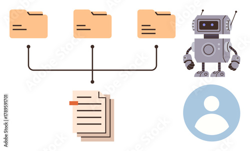 Robot organizing linked document folders and user permissions. Ideal for automation, AI, workflow management, data organization, team collaboration, digital filing, simple flat metaphor