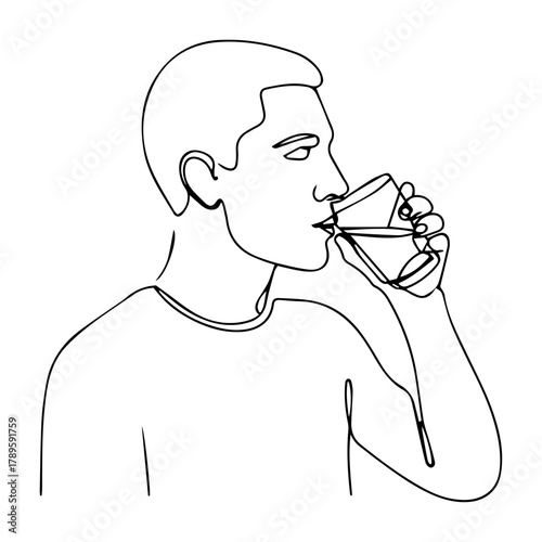 Continuous Line Drawing of a Man Drinking Water from a Glass