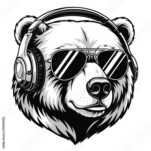 Cool black and white bear head wearing aviator sunglasses and large headphones.