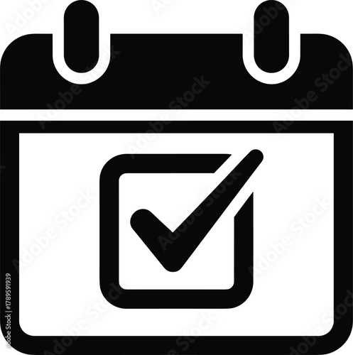 Black calendar icon with check mark inside a square tick vector