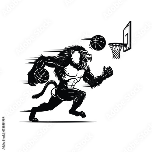 Monkey playing basketball silhouette vector ape throws ball in basket design graphic illustration