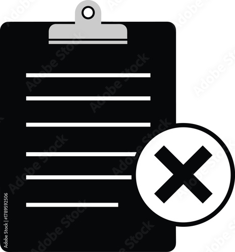 Black clipboard with white lines and red cross in circle symbol document paper