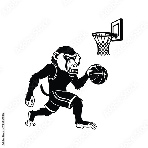 Monkey playing basketball silhouette vector illustration, chimp action on sports