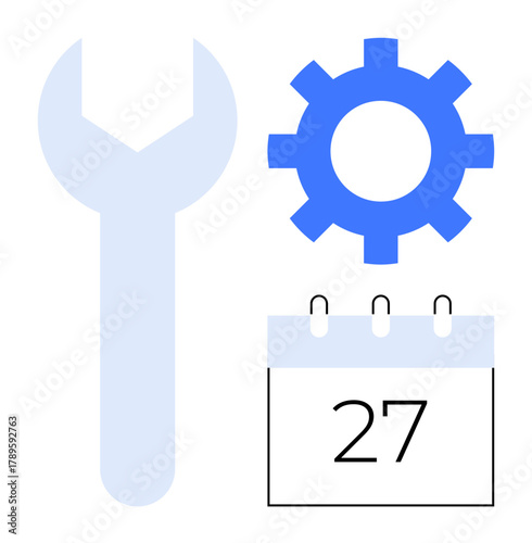 Gear, wrench, and calendar with date emphasizing repairs, optimization, and organization. Ideal for business, project planning, engineering, time management scheduling productivity simple flat