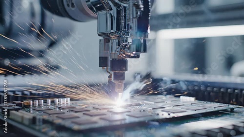 Industrial Laser Cutting Process with Sparks Flying.