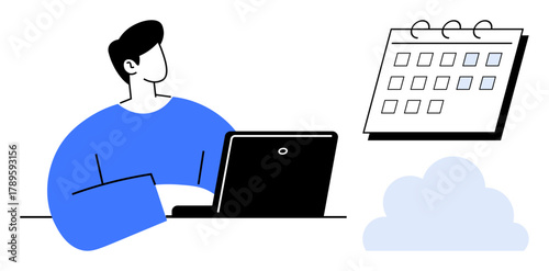 Individual using laptop, calendar indicating scheduling tasks, cloud hinting digital storage or workflow. Ideal for time management, remote work, project planning, organization, productivity