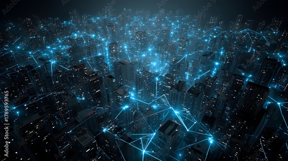 Fototapeta premium Futuristic smart city skyline showcasing virtual banking systems and neon data streams over the horizon.