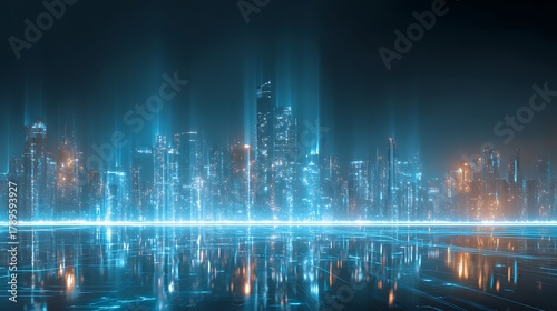 Smart city at night with AI-driven fintech network nodes forming a glowing nexus of global finance.