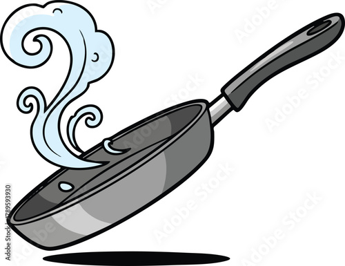 Cartoon Frying Pan With Steam and Water Drops On White Background
