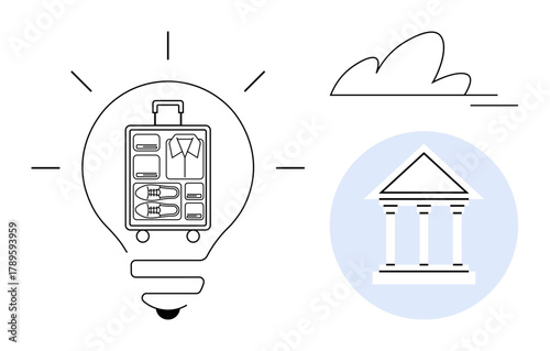 Light bulb enclosing suitcase symbolizing innovative travel ideas next to classical building suggesting tradition. Ideal for travel, innovation, tradition, creativity, tourism, planning, simple flat