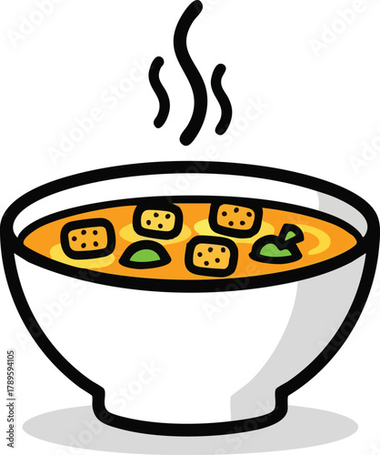 Delicious Bowl of Steaming Hot Vegetable Soup with Croutons and Green Herbs on a White Background