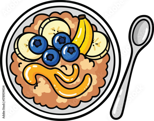 Wholesome Oatmeal Bowl With Sliced Bananas Blueberries And Honey Drizzled On Top With Spoon