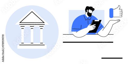 Columned building symbolizing authority next to a person with a clipboard offering a thumbs-up. Ideal for trust, approval, professional review, policy, certification, authority, education. Simple
