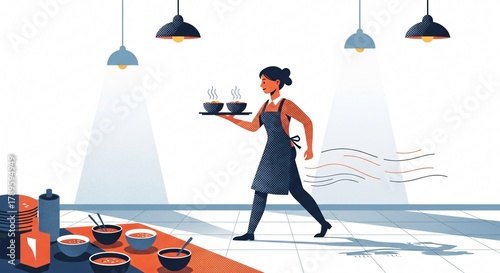 A waitress in an apron carries a tray with two bowls of steaming soup, walking through a restaurant with a modern, minimalist design and pendant lights