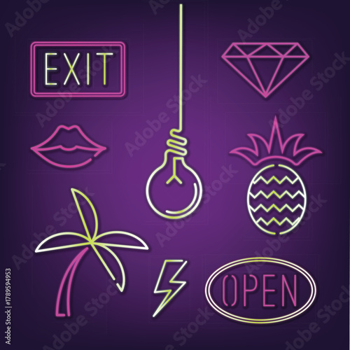 Collection of vibrant neon light elements and icons for graphic design