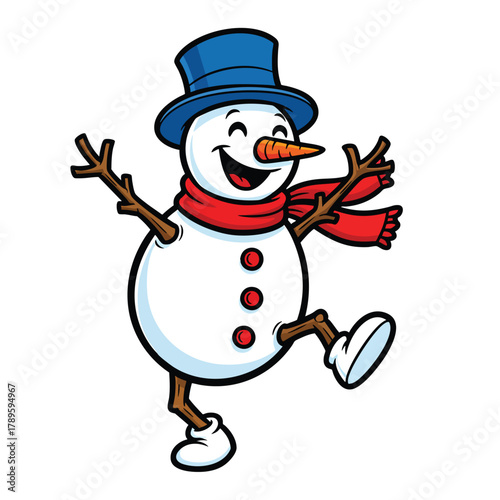 Joyful cartoon snowman dancing happily with a blue top hat and red scarf.