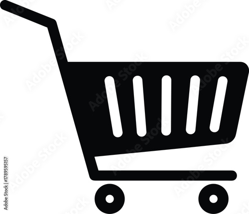 Black shopping cart icon graphic on a clean white background trolley basket