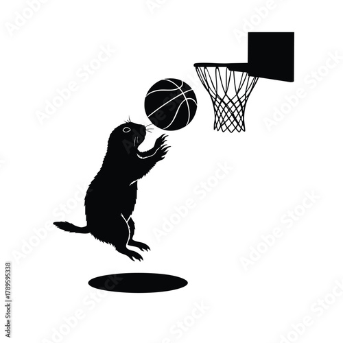 Prairie dog playing basketball silhouette dunking in basketball goal exactly 100 letters