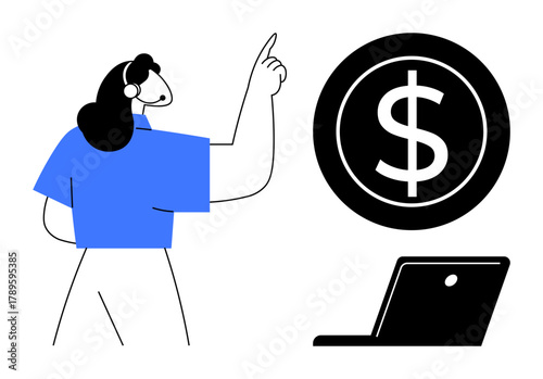 Woman with headset points to a large dollar sign next to a laptop, emphasizing financial discussion or assistance. Ideal for customer support, finance, business, virtual consulting, online learning