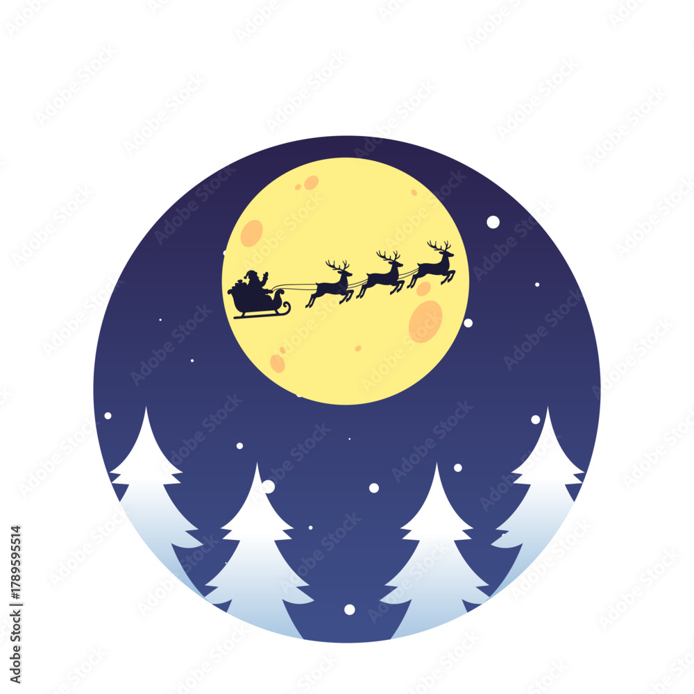 Fototapeta premium illustration silhouette of a santa riding a sleigh pulled by several reindeer on Christmas Eve in a Christmas ball with a transparent background