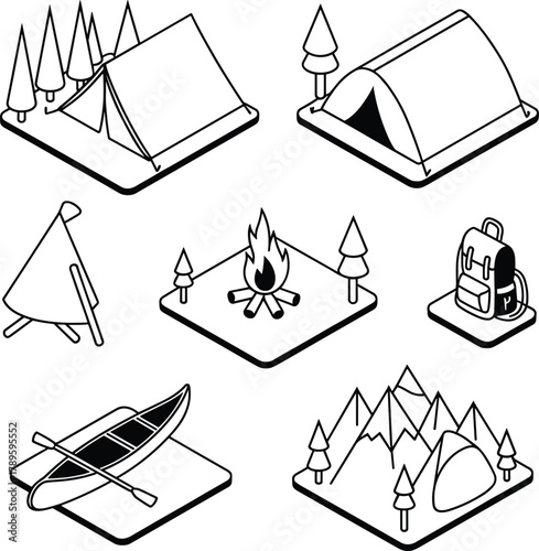 Isometric Camping and Outdoor Adventure Vector Icon Set