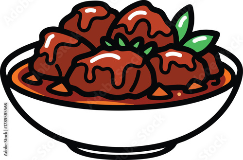 Meatballs In A White Bowl With Tomato Sauce And Garnish