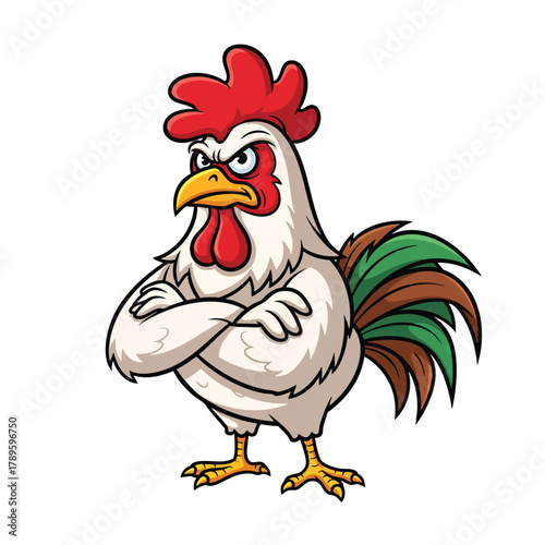 Tough cartoon rooster mascot with a fierce expression and crossed arms.