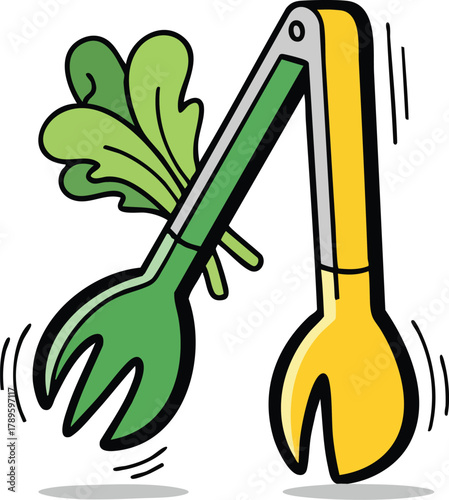 Green And Yellow Salad Tongs Holding Fresh Lettuce Leaves With Motion Lines