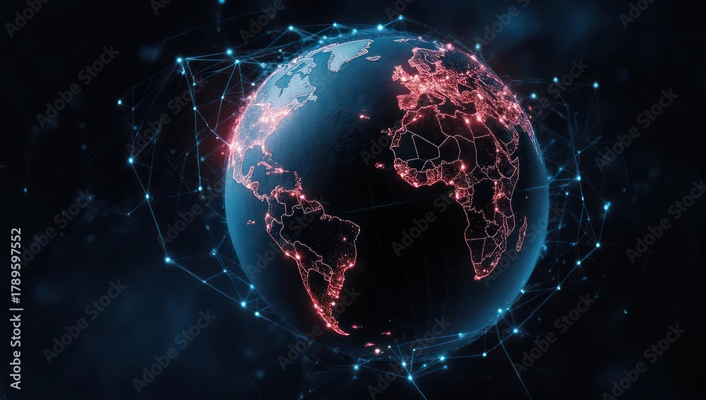 Obraz premium A glowing digital Earth with interconnected nodes, representing global communication