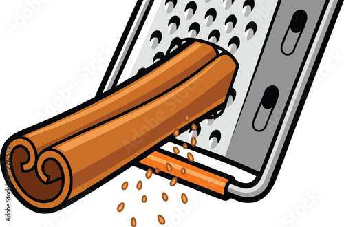 Close up Of Cinnamon Sticks Being Grated On A Metal Cheese Grater With Small Pieces Falling Down