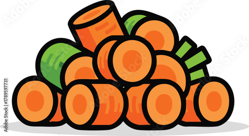 Heap Of Freshly Sliced Carrots With Green Tops And Orange Centers Against White Background