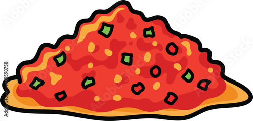Heap Of Italian Food With Red Sauce Green And Yellow Pepper Pieces And Black Outline