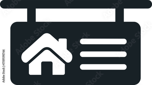 Dark sign with white house icon and horizontal lines graphic home symbol real estate
