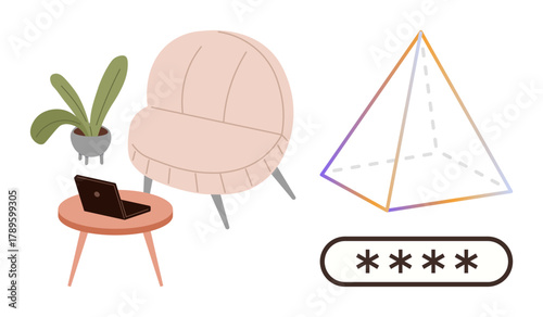 Minimalist chair beside wooden table with laptop, indoor plant pot, wireframe pyramid, and password bar. Ideal for security, design, workspace, technology, creativity geometry minimalism in simple
