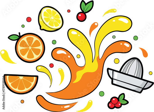 Fresh Citrus Splash With Orange Lemon Slices And Juicer In Yellow And Orange Colors