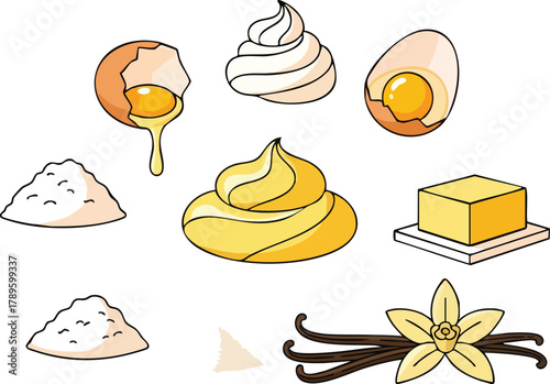 Pixel Art Baking Ingredients Featuring Eggs Butter Vanilla Beans and Flour