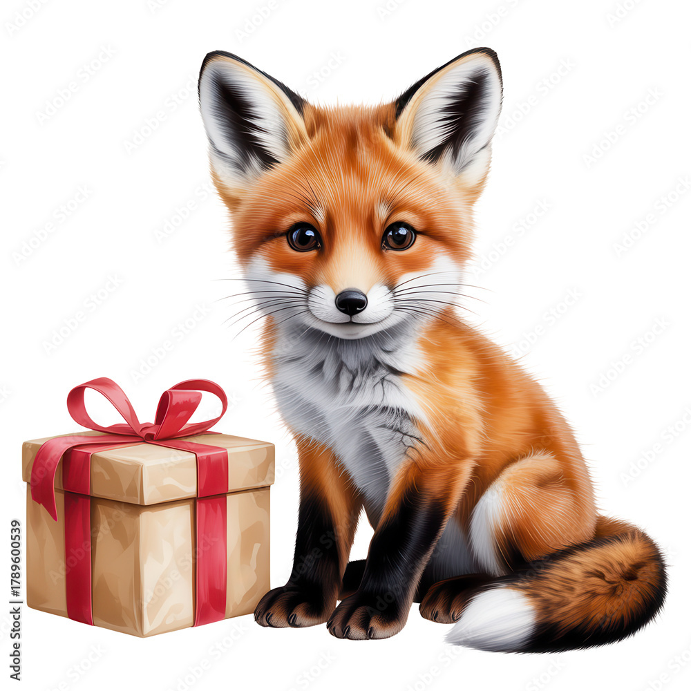 Fototapeta premium Cute fox sitting beside red wrapped Christmas present in winter woodland scene, ideal for festive greeting cards, clipart, and cozy seasonal illustrations.