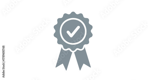 Vector illustration of grey ribbon award icon with a check mark inside a circle