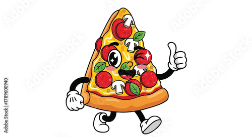 Vector illustration of cartoon slice of pizza character with pepperoni, mushrooms, and basil, giving a thumbs up