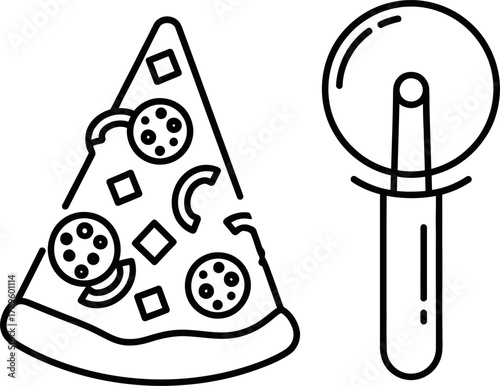 Outline icon of a single pizza slice with toppings next to a pizza cutter.
