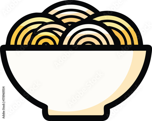 Stylized Bowl Of Noodles With Yellow Noodles And Black Outline On White Bowl