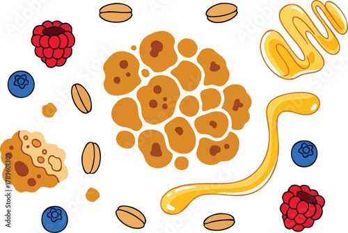 Healthy Breakfast Ingredients Scattered Isolated White Background Featuring Granola Berries Honey Oats