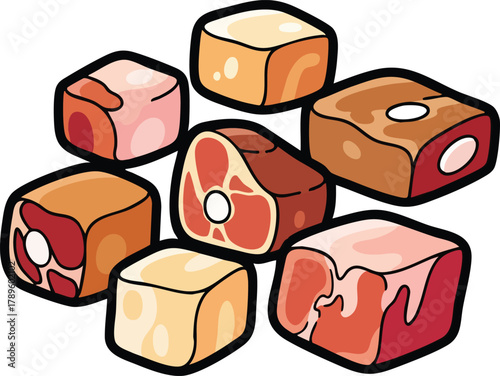 Assorted Cubed Raw Meat Selection In White Background With Red And Brown Hues