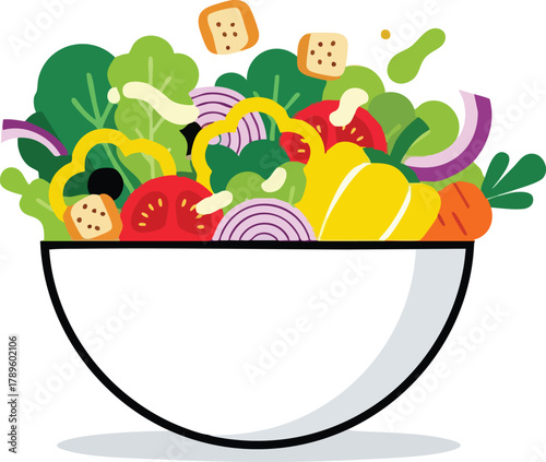 Colorful Fresh Salad Bowl Filled With Mixed Vegetables And Croutons Against White Background