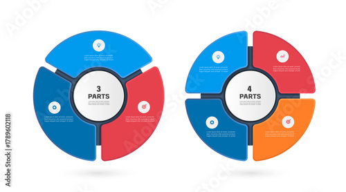 Two circular templates, divided into 3 and 4 sections, for designing infographics about processes or steps in a process, clearly divided into multiple colors, vector isolated for present design