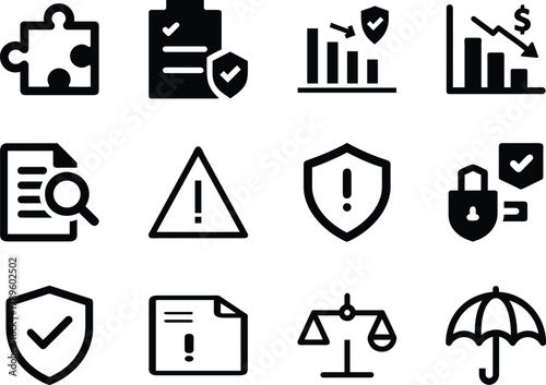 Professional risk management icon set in bold silhouette style for business and finance.
